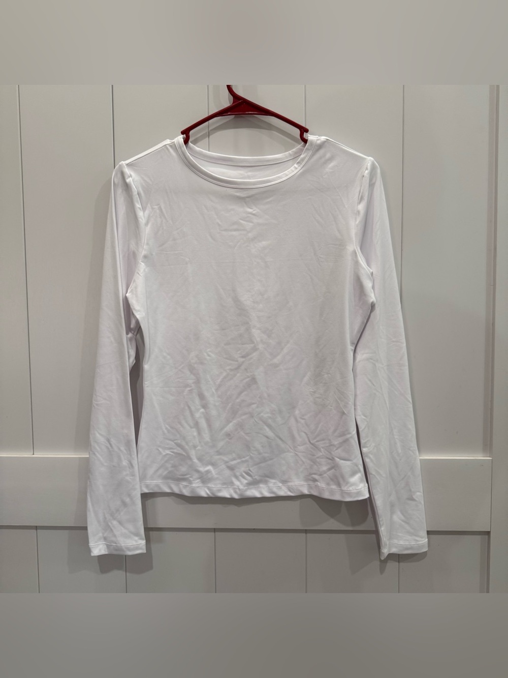 White Long Sleeve Top Y2K Fitted Crew Neck Tee Size L Going Out Tight Basic